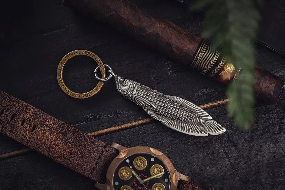 Elegant display of a cigar, wristwatch, and fish keychain on dark wood, exuding luxury.