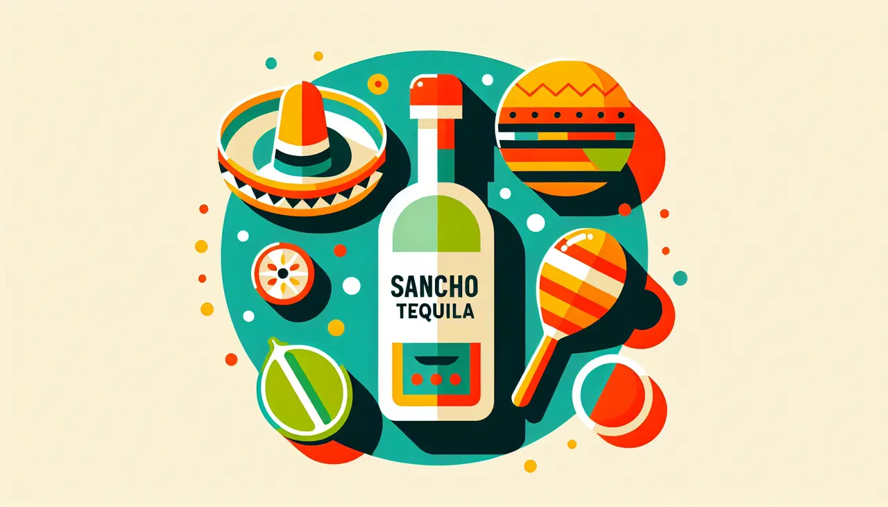 Draw a graphic in flat design style. A minimalist flat design illustration of a tequila bottle labeled Sancho Tequila with fun icons like a sombrero, a lime, and a maraca around it, set on a plain background.