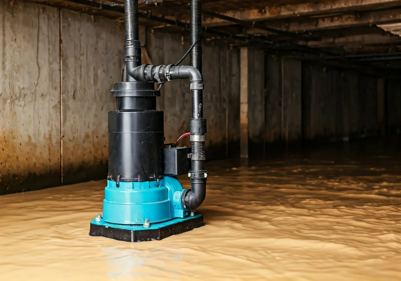 A sump pump in a basement protecting from flood water. 35mm stock photo