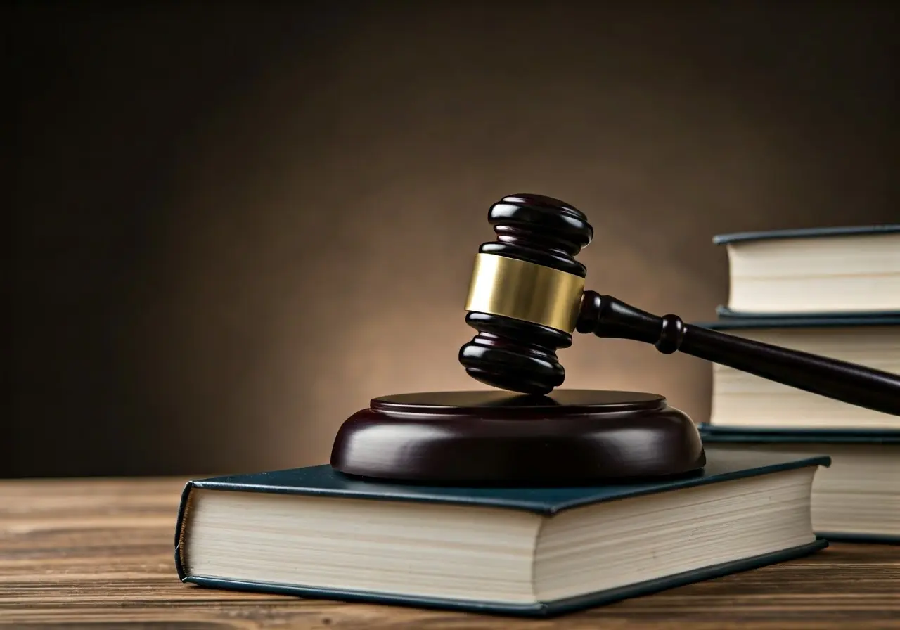 A gavel resting on top of a stack of law books. 35mm stock photo