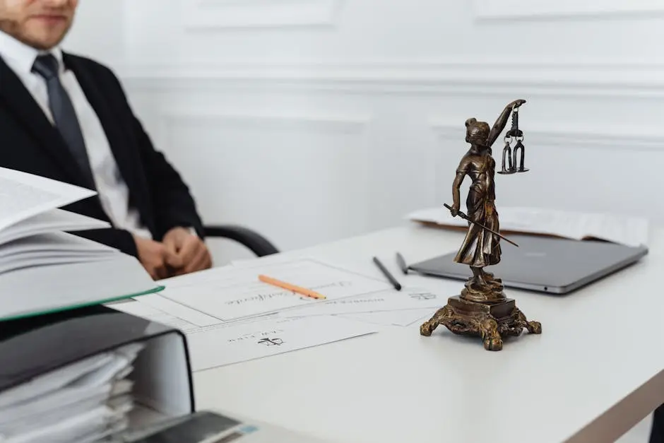 A legal professional&rsquo;s workspace featuring Lady Justice statue, documents, and a laptop.