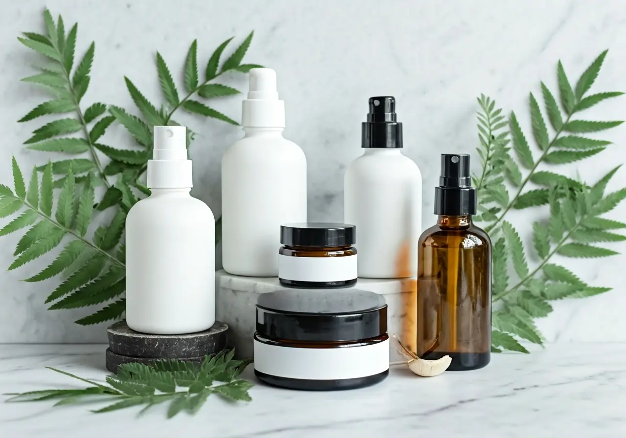 Assorted organic skincare products with botanical elements on marble surface. 35mm stock photo