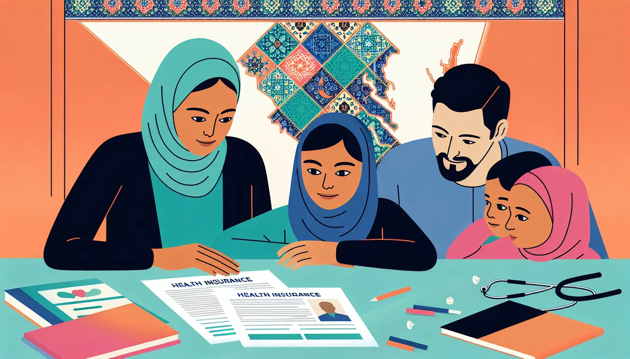 Draw a graphic in flat design style. A flat design illustration of a diverse family reviewing health insurance documents with a background featuring Virginia state outline and Islamic geometric patterns.