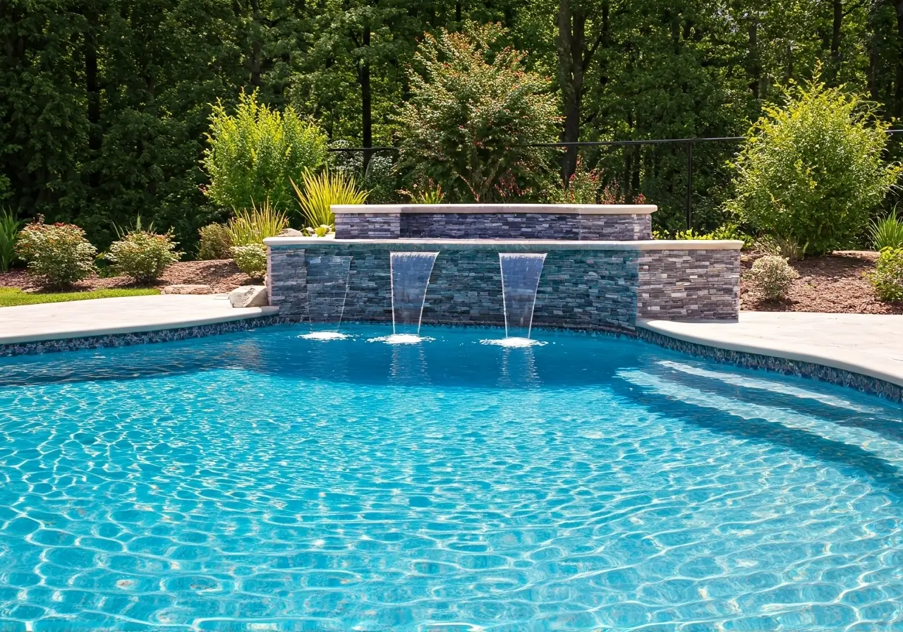 A modern fiberglass pool with elegant waterfalls and landscaping. 35mm stock photo