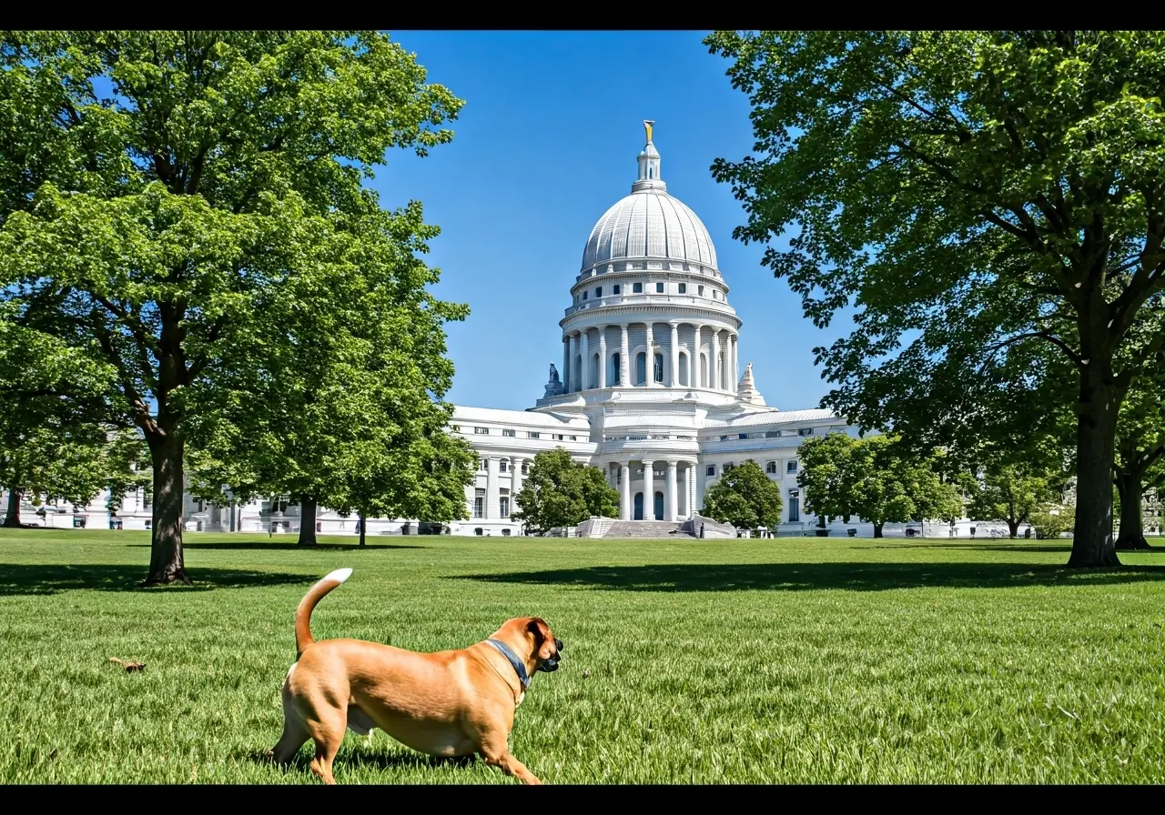 A dog exploring a grassy park with the Wisconsin State Capitol. 35mm stock photo