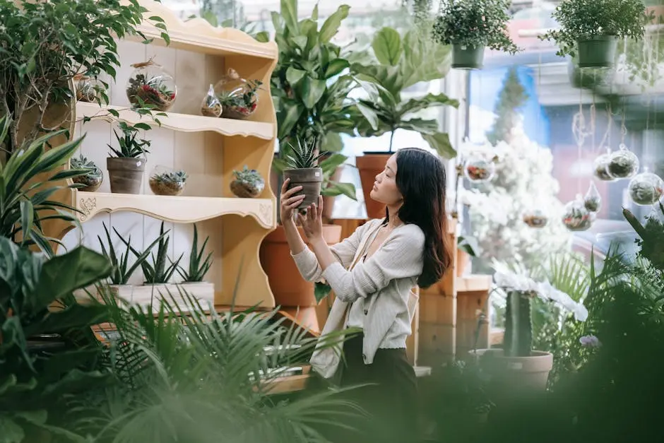An Asian woman arranges a variety of indoor potted plants in a brightly lit shop, surrounded by greenery.
