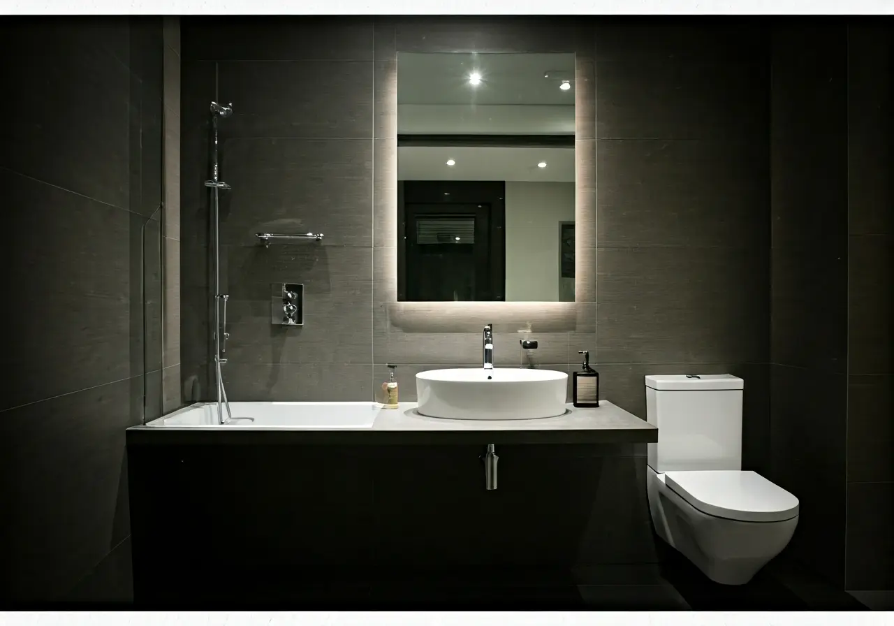 A modern, stylish bathroom with sleek fixtures and elegant decor. 35mm stock photo