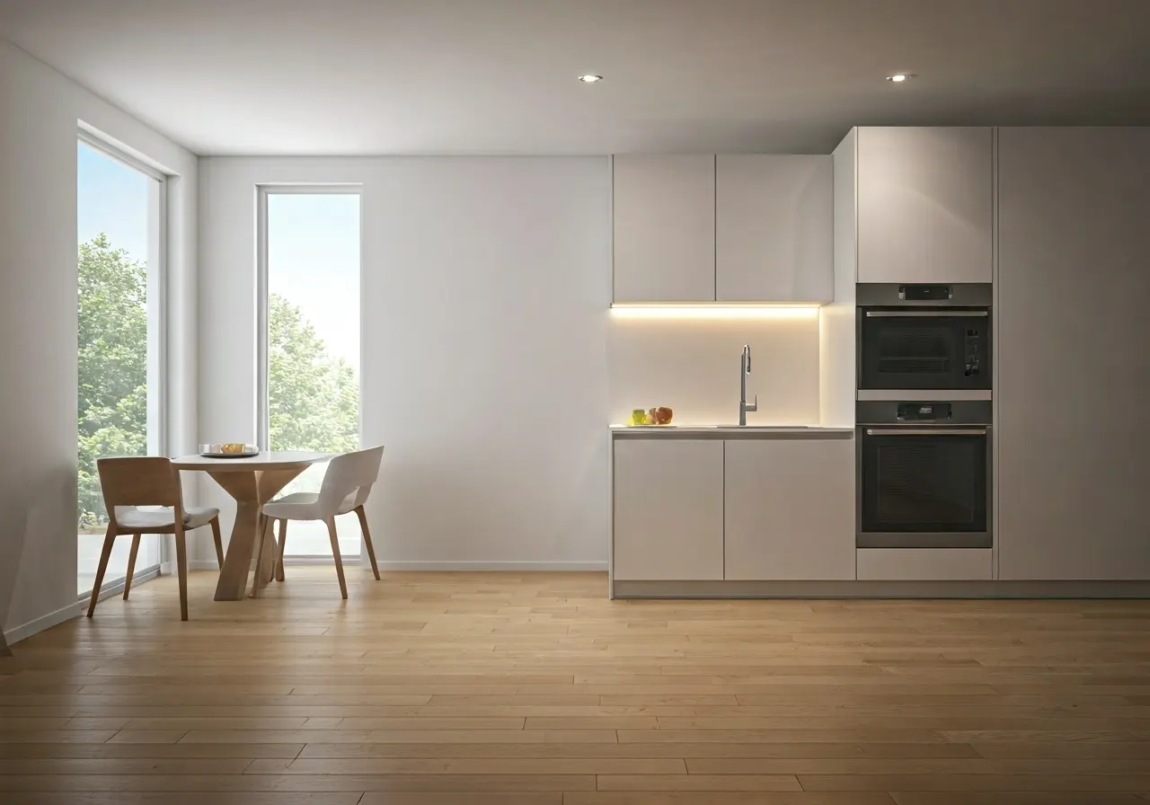 A modern smart home with automated lighting and appliances. 35mm stock photo