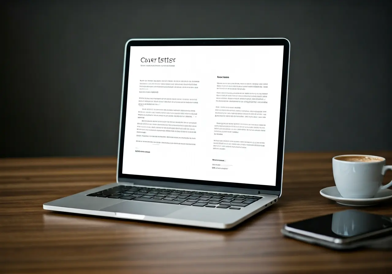 Open laptop displaying a well-organized cover letter template. 35mm stock photo