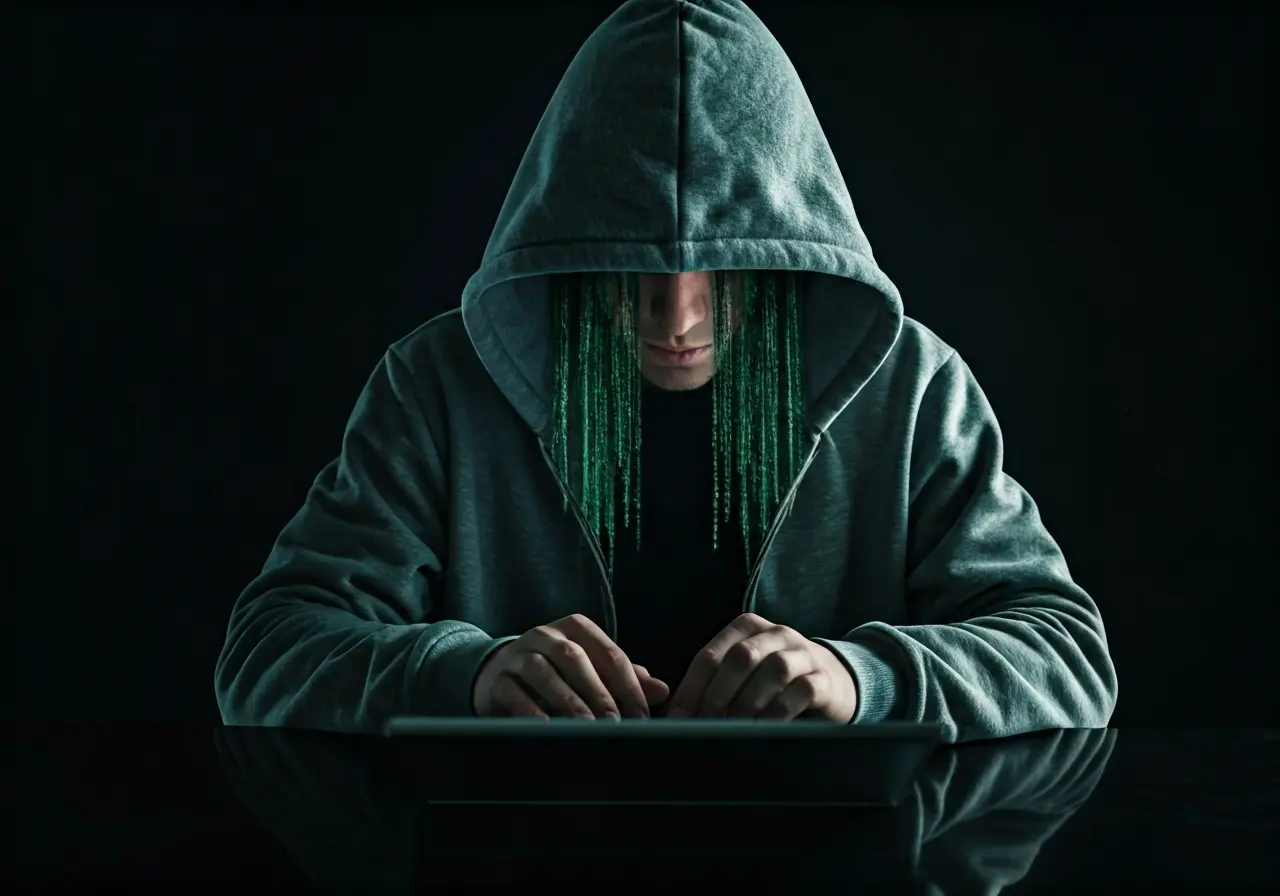 A hooded hacker typing on a laptop in the dark. 35mm stock photo