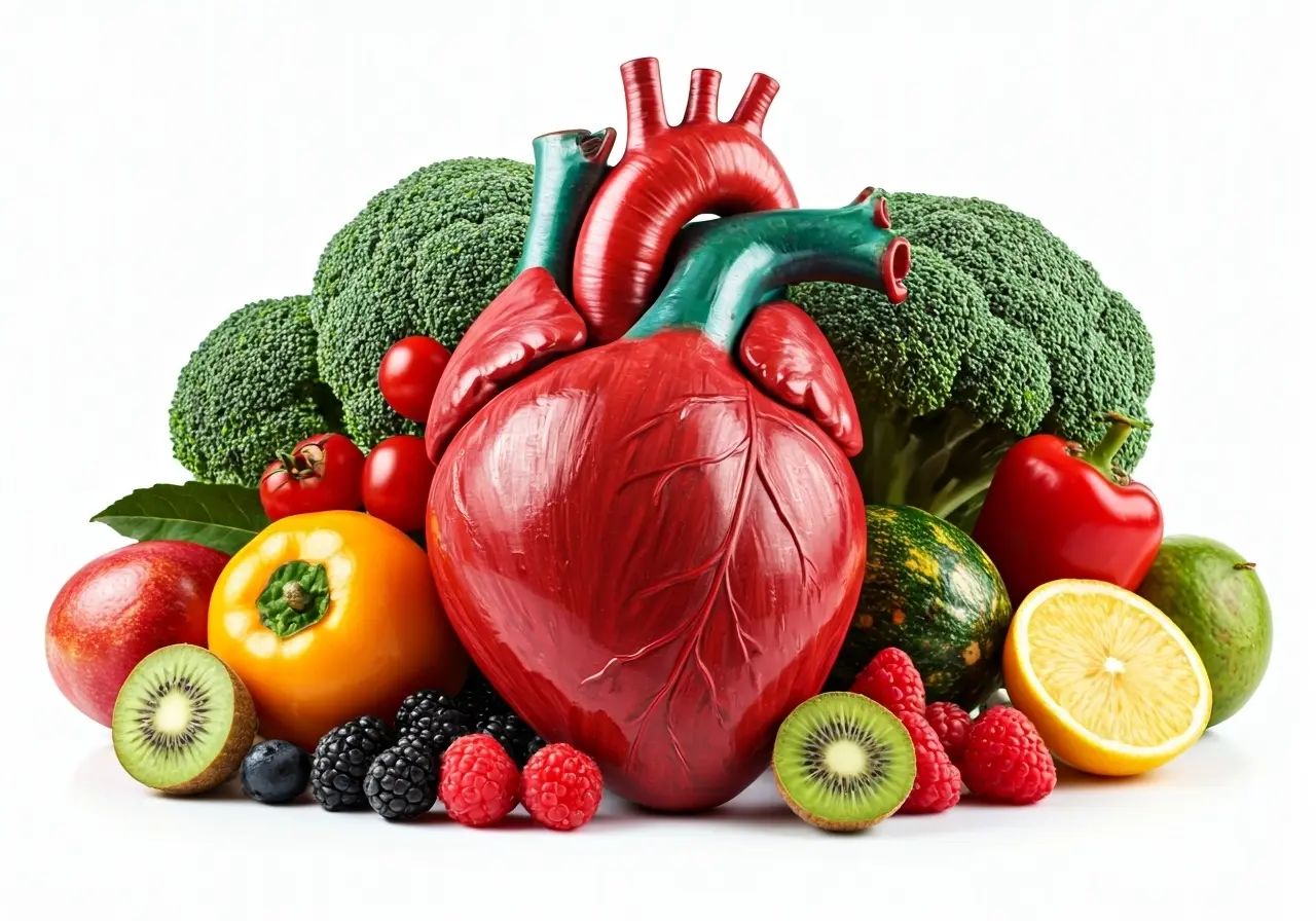 A vibrant heart surrounded by colorful, healthy fruits and vegetables. 35mm stock photo