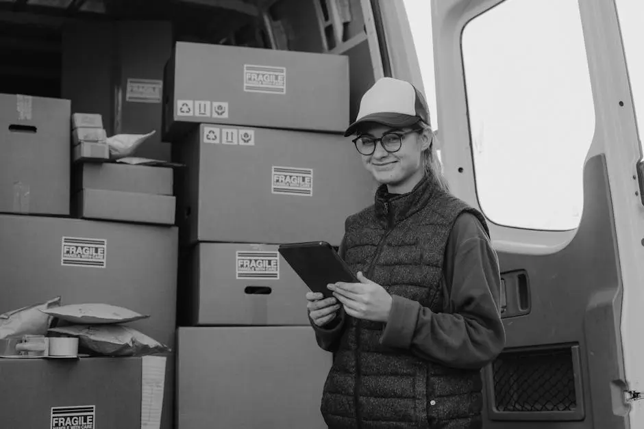 A delivery woman holding a tablet stands next to van full of parcels.