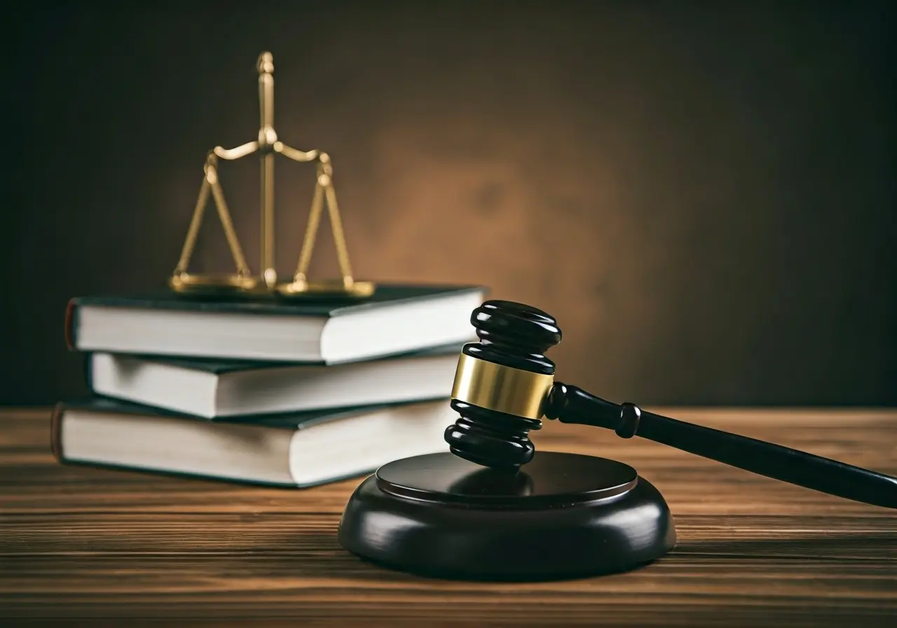 A gavel and legal books on a wooden desk. 35mm stock photo