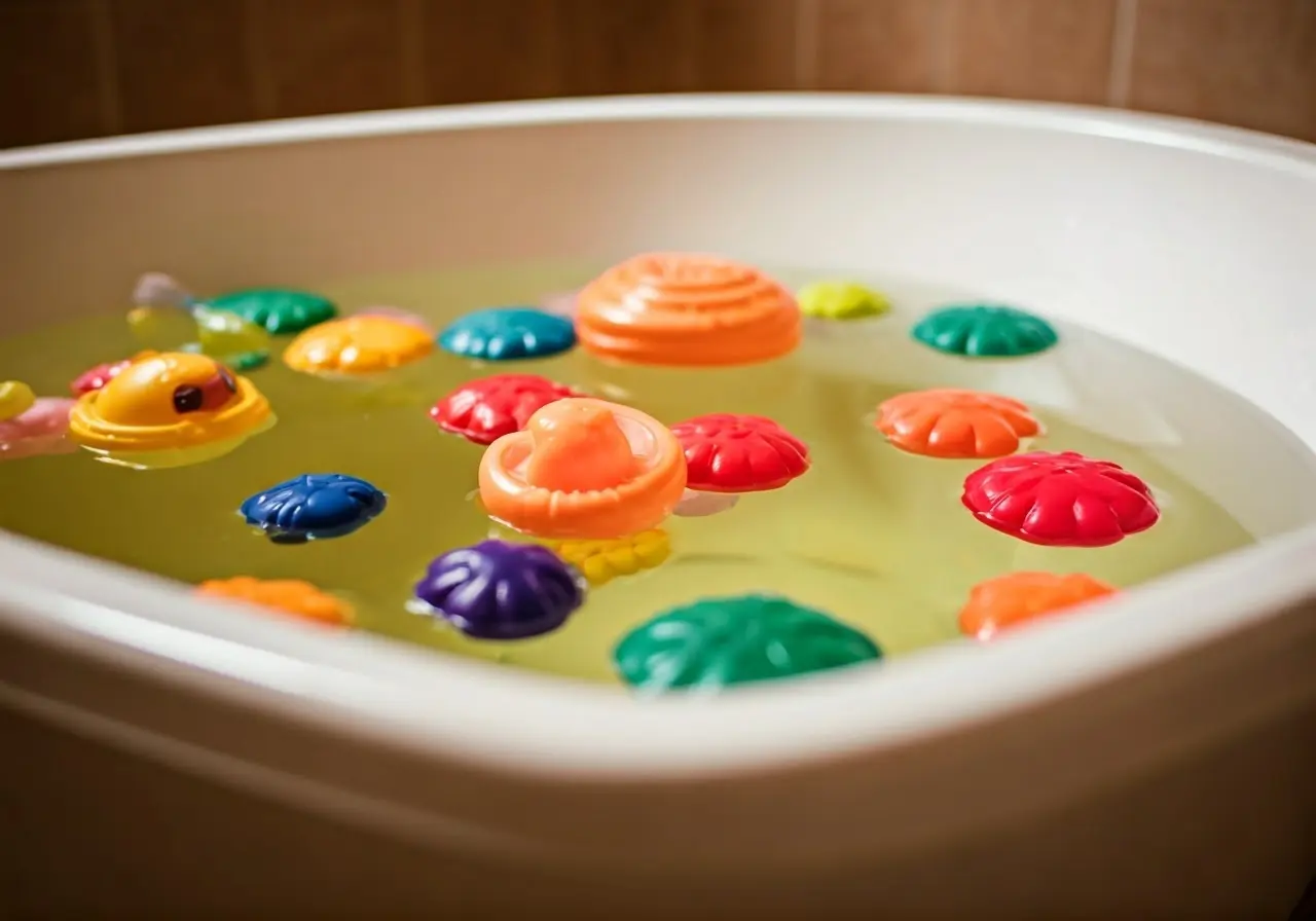 A colorful baby bathtub filled with floating bath toys. 35mm stock photo