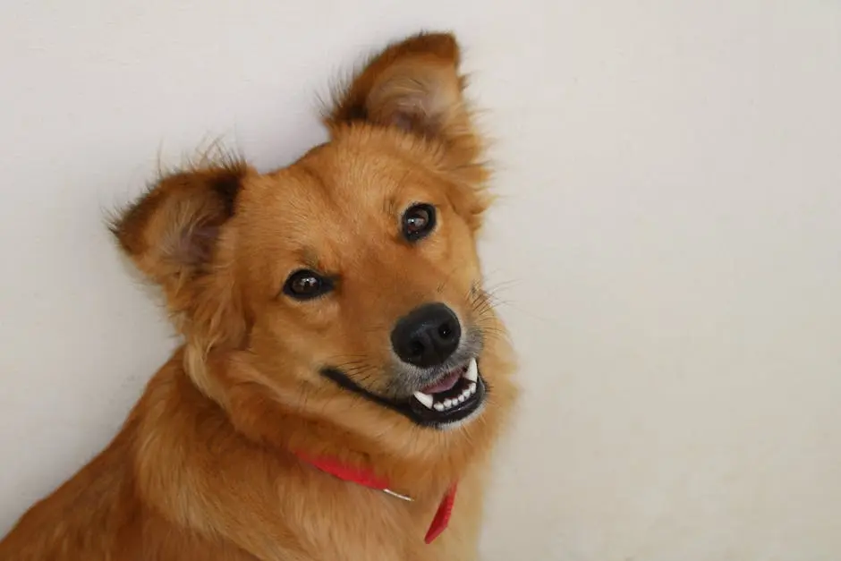 Adorable ginger dog smiling with a red collar in a close-up pet portrait.