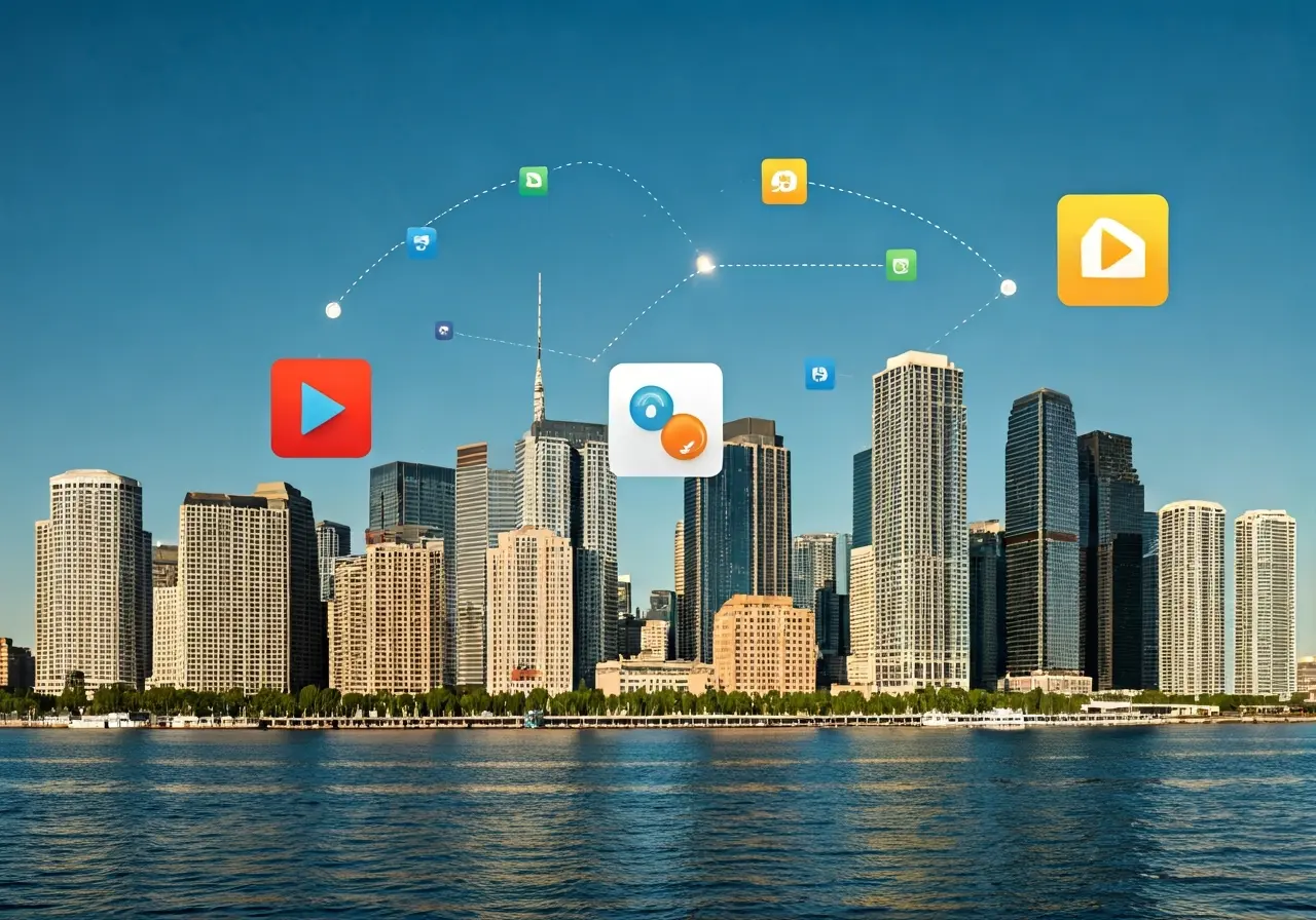 A city skyline with smartphone app icons hovering above. 35mm stock photo