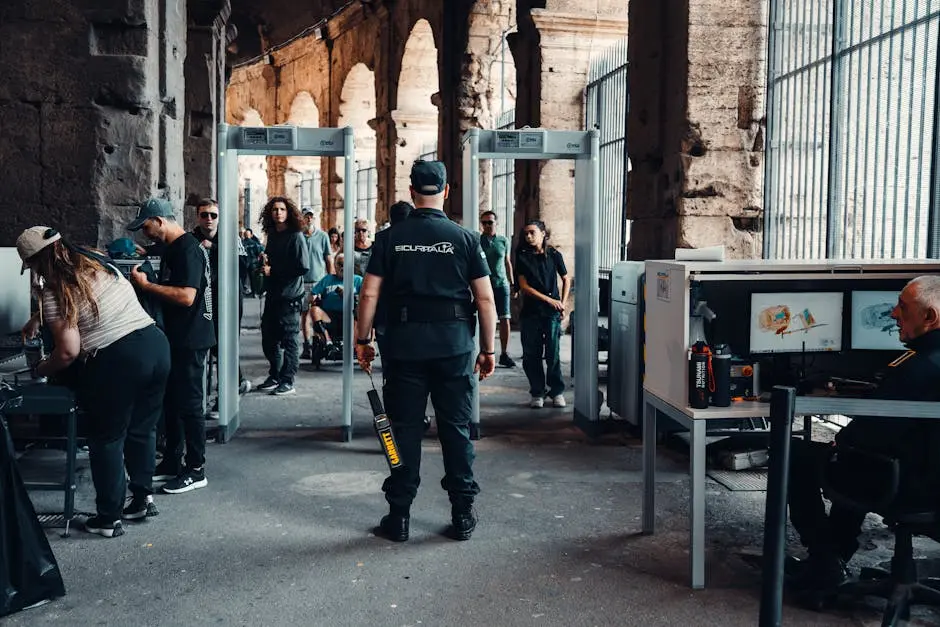 Security checkpoint with guards at a bustling historical site entrance.