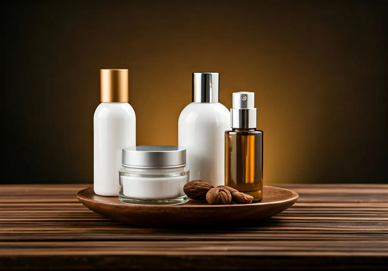 A serene spa setting with elegant skincare products displayed. 35mm stock photo