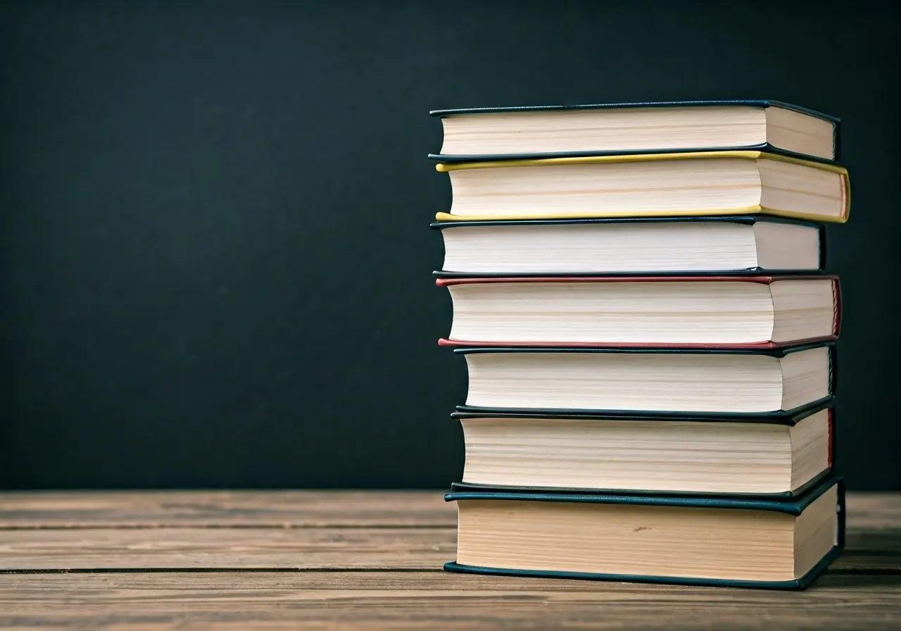 A stack of diverse spiritual books on a wooden table. 35mm stock photo