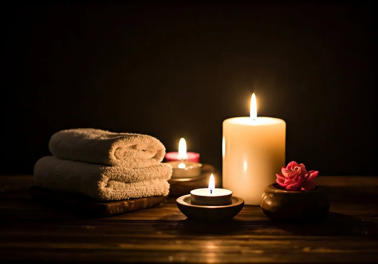 A serene spa setting with candles and soft lighting. 35mm stock photo