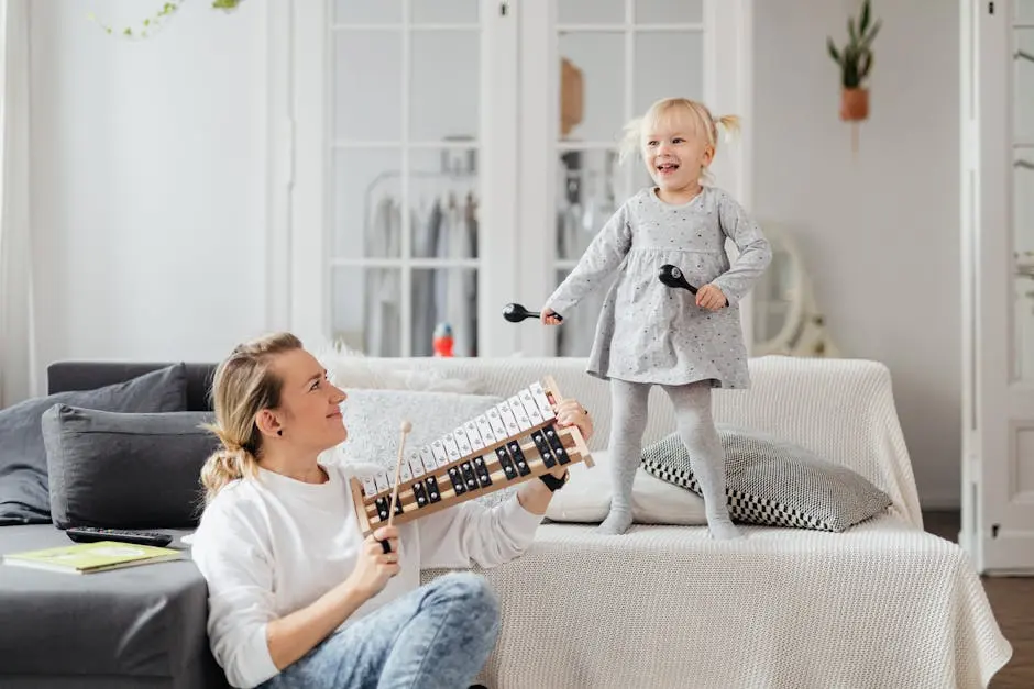 A mother and daughter bond through music at home, playing joyful melodies.