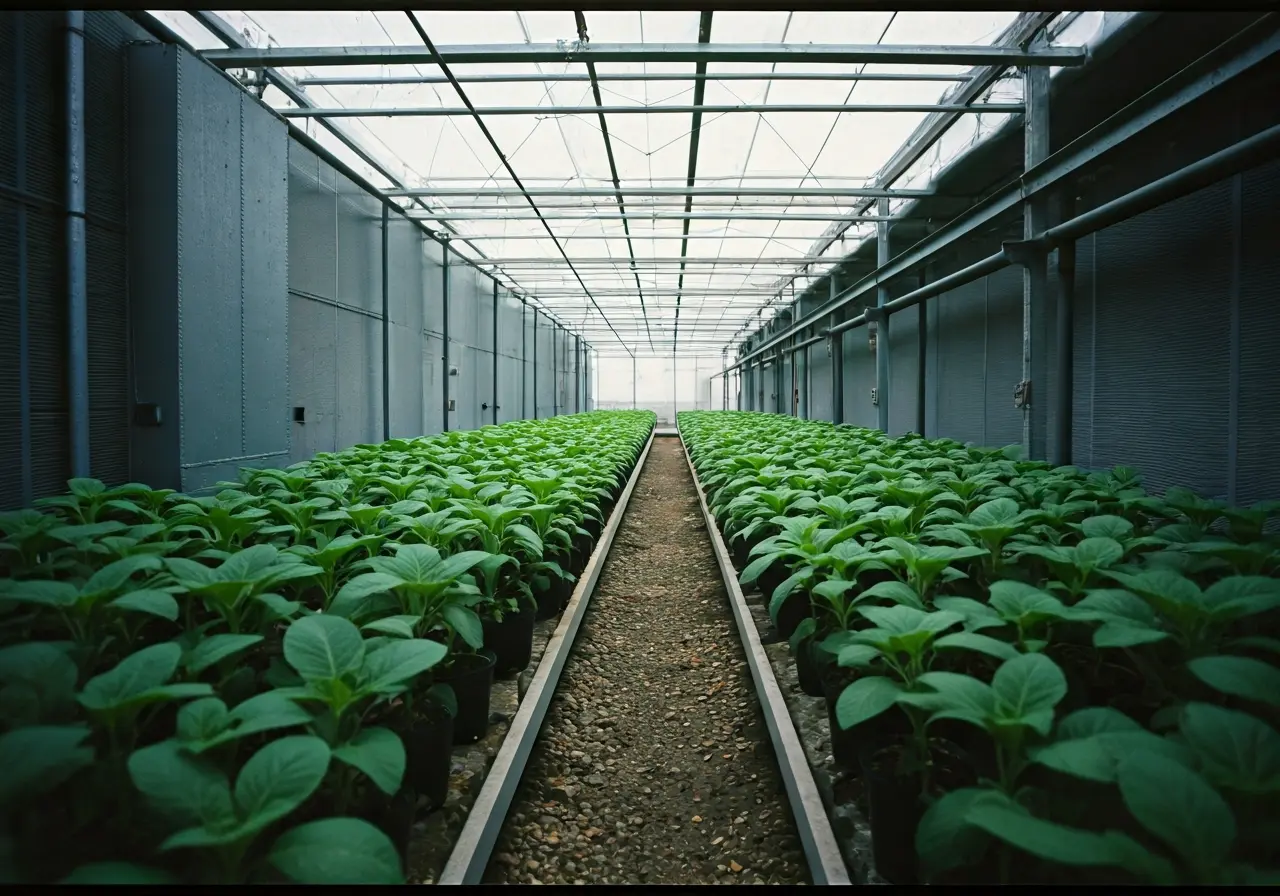Rows of plants growing indoors under HVAC systems. 35mm stock photo