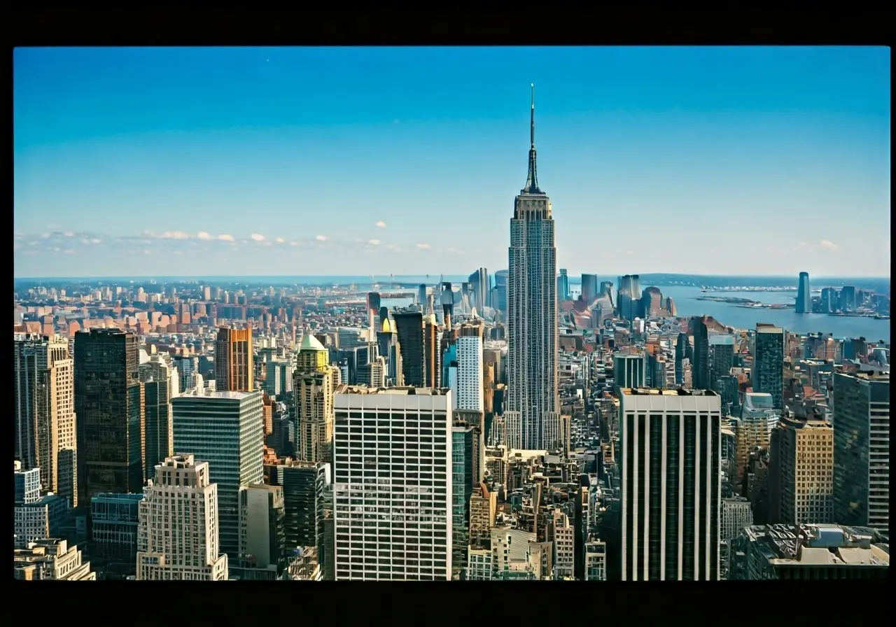 Aerial view of NYC skyscrapers under a clear blue sky. 35mm stock photo