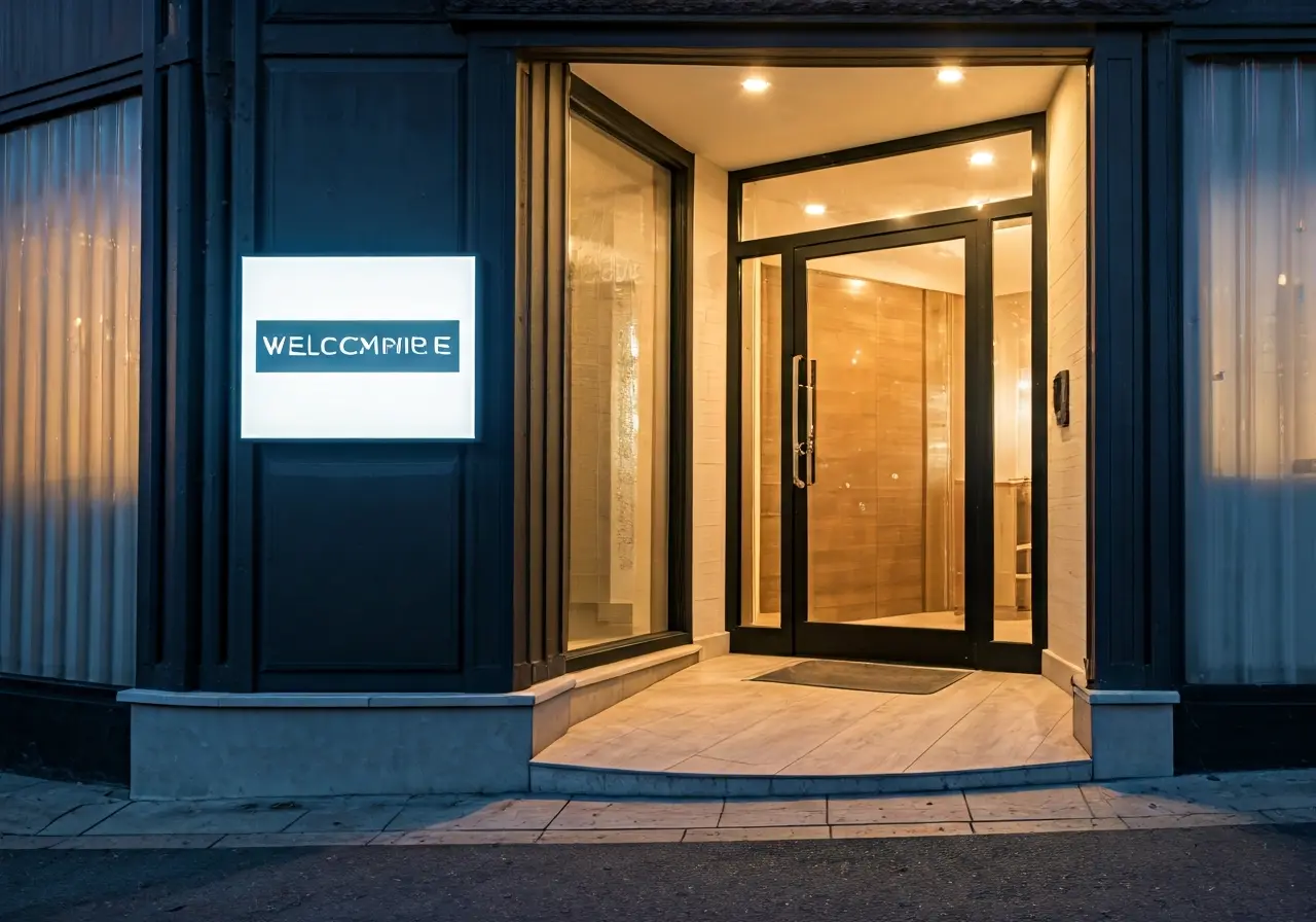 Aesthetic beauty clinic exterior with a welcoming entrance sign. 35mm stock photo