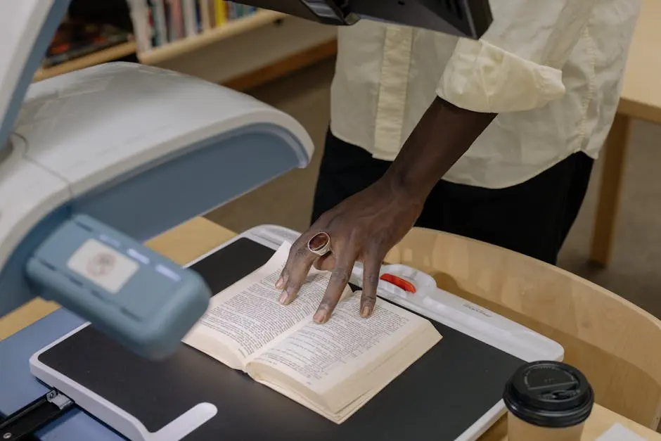 An anonymous individual scans a book in a library setting, emphasizing technology and research.