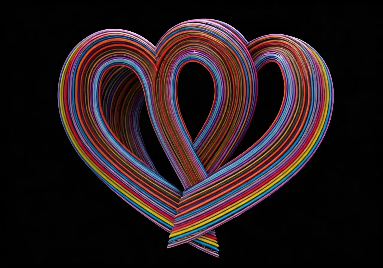 Two intertwined heart shapes formed from colorful, overlapping lines. 35mm stock photo