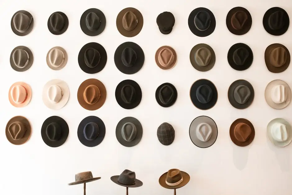 A collection of various hats elegantly displayed on a minimalist white wall in a boutique setting.