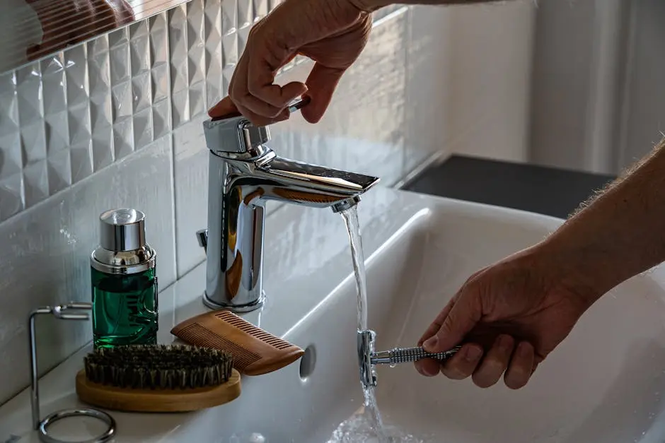 A man’s hands adjust the faucet in a bathroom, surrounded by grooming tools like a comb and brush.