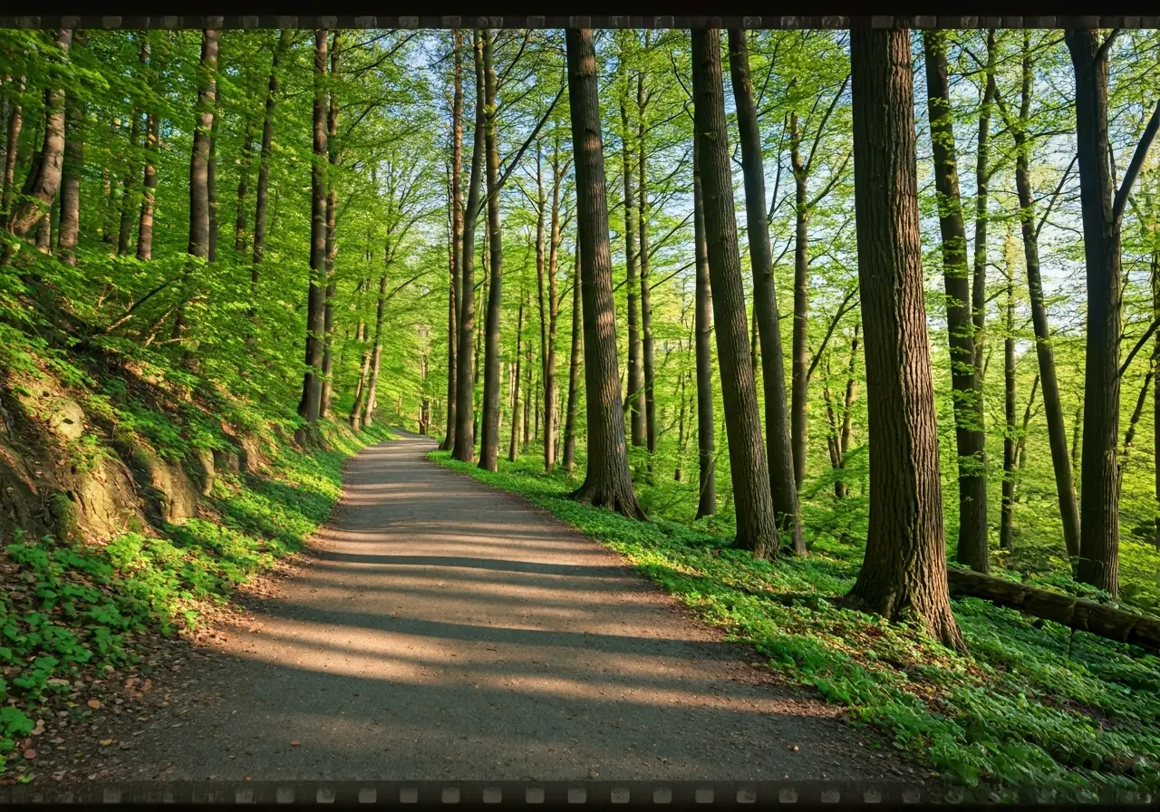 A peaceful nature trail with a winding path and trees. 35mm stock photo