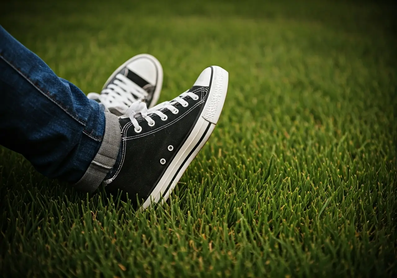 Sneakers on grass with toes flexed upward. 35mm stock photo