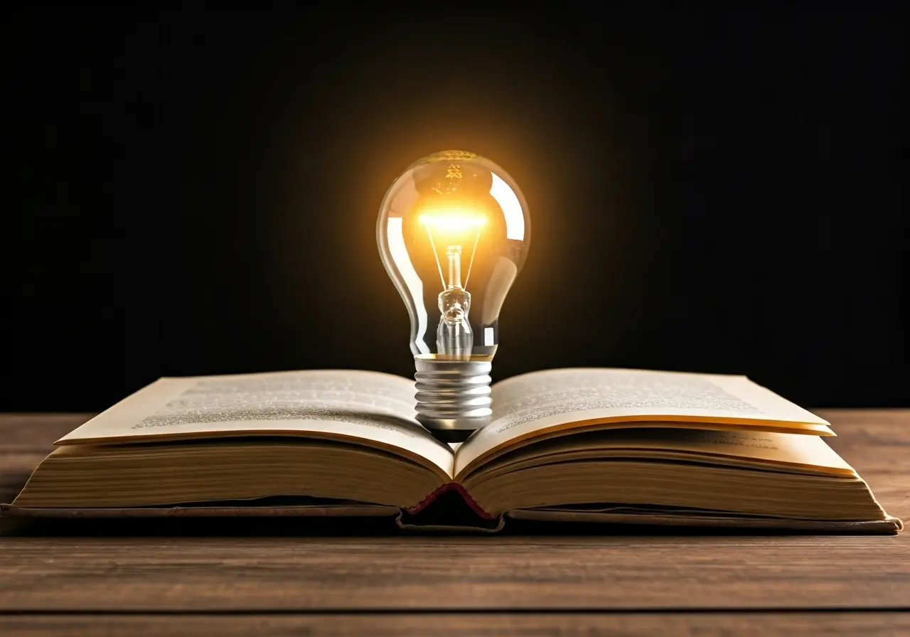 An open book with a glowing light bulb above it. 35mm stock photo