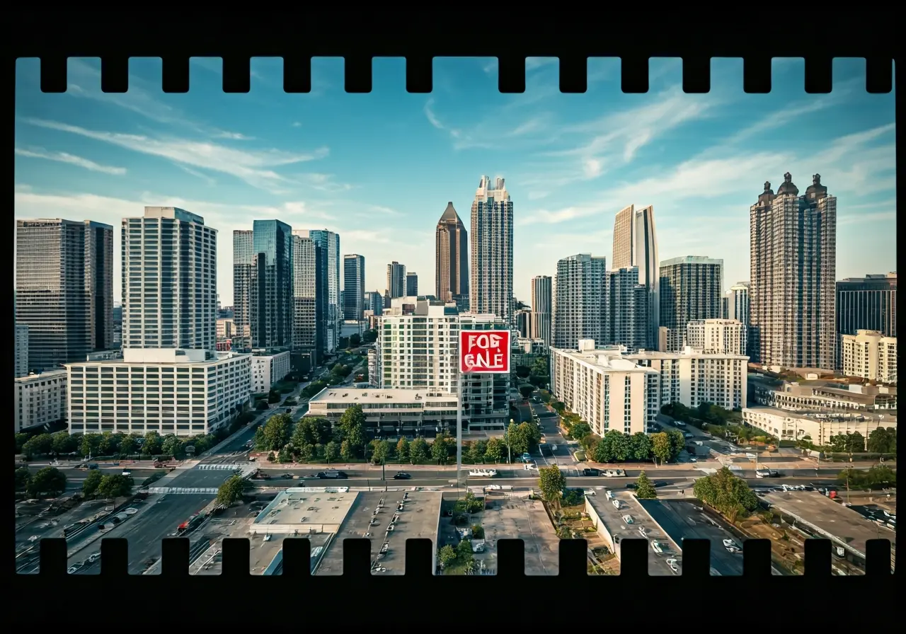 Aerial view of Atlanta skyline with For Sale sign. 35mm stock photo