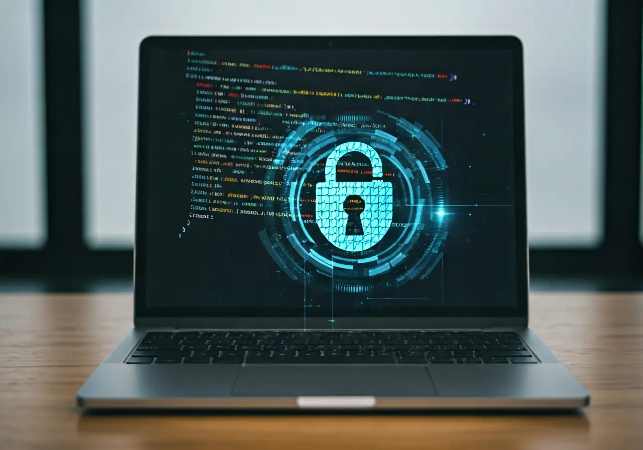 A laptop displaying code with a padlock icon overlay. 35mm stock photo