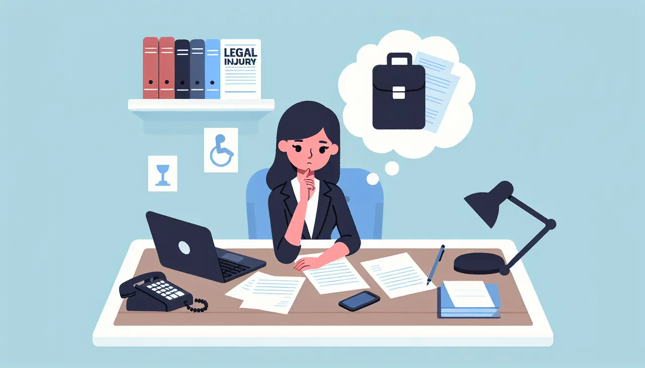 Draw a graphic in flat design style. A flat design illustration of a person sitting thoughtfully at a desk with legal documents, a laptop, and a telephone, symbolizing contemplation of hiring a personal injury attorney.