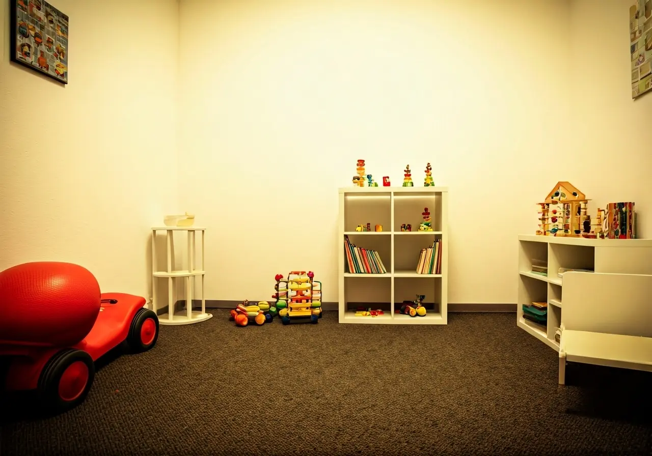 A playful therapy room filled with colorful toys and books. 35mm stock photo