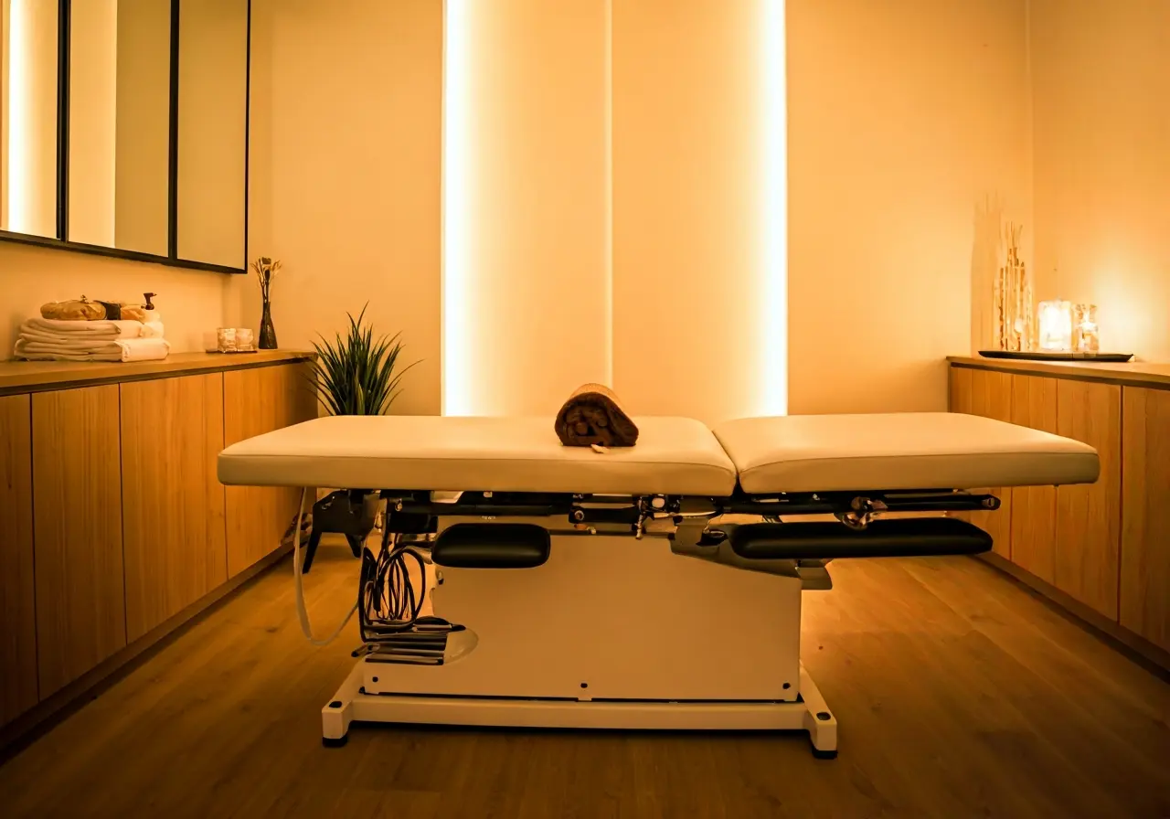 A serene spa room with a spinal decompression therapy table. 35mm stock photo