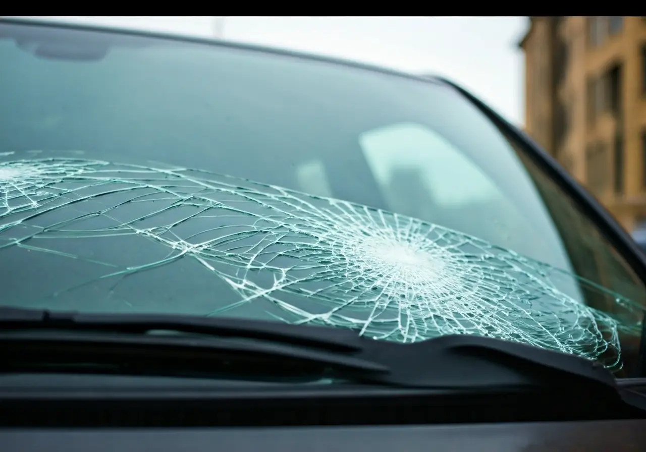 A cracked car windshield with a city street background. 35mm stock photo