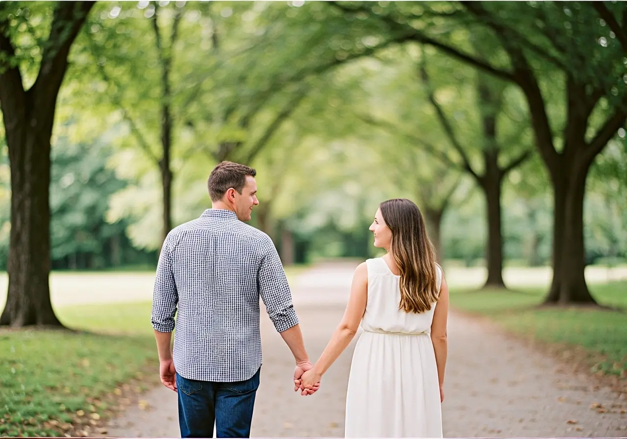 A couple holding hands while walking in a serene park. 35mm stock photo