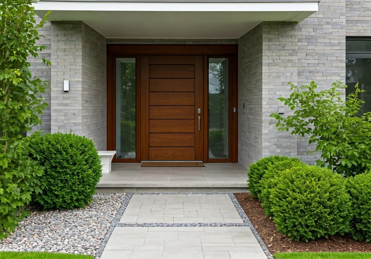 A modern home entrance with advanced security camera systems. 35mm stock photo