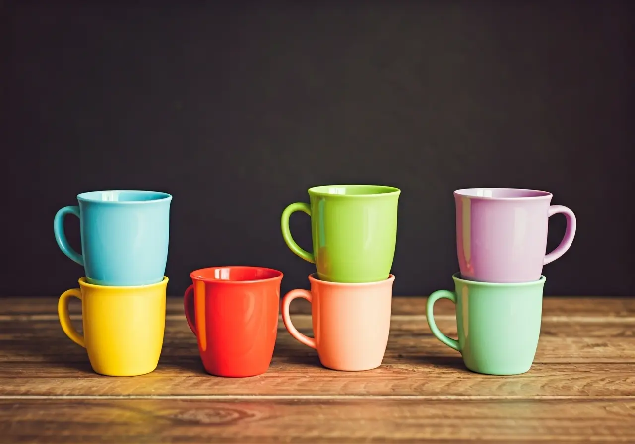 A collection of colorful baby cups on a wooden table. 35mm stock photo