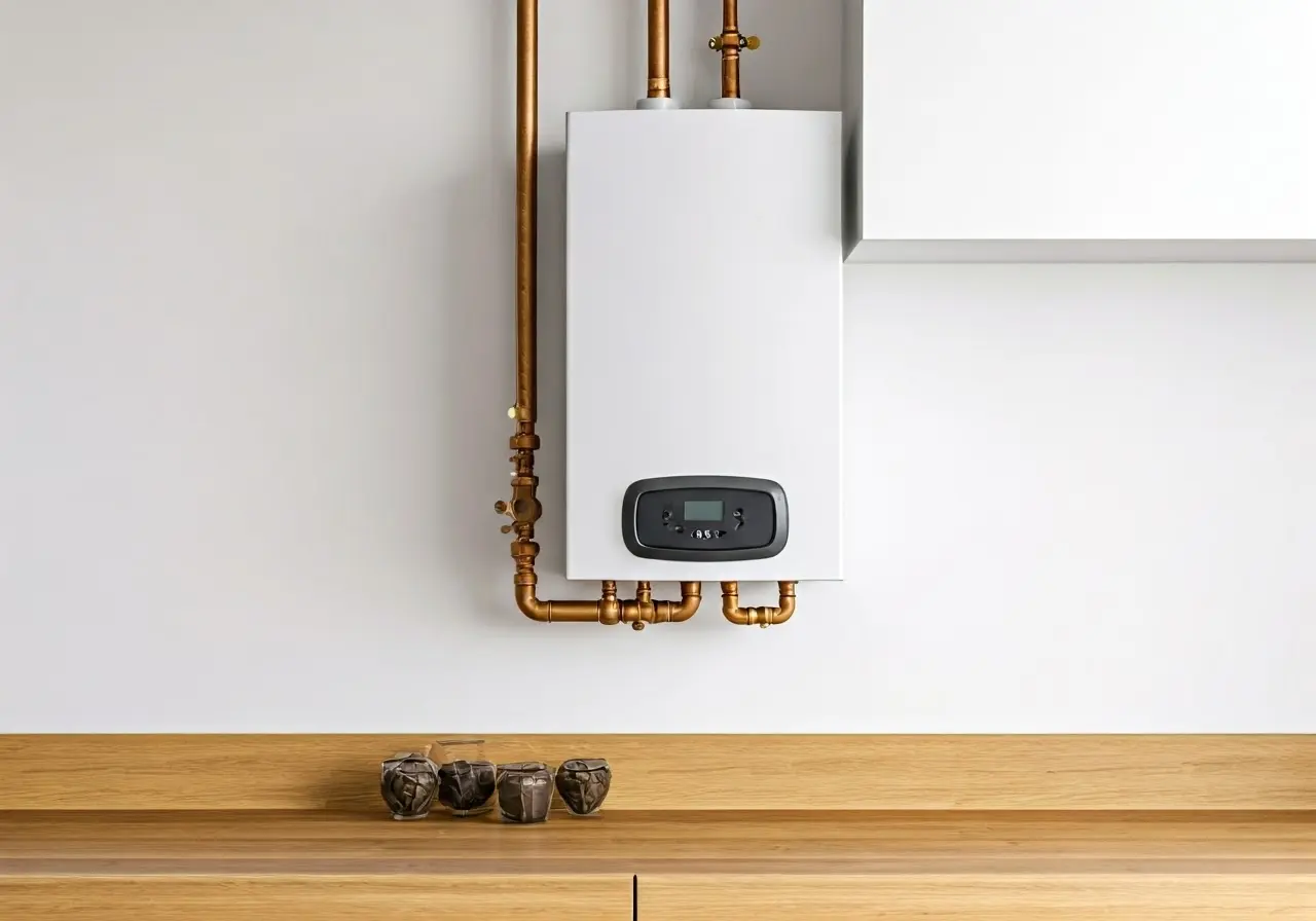 A modern boiler system installed in a cozy kitchen. 35mm stock photo