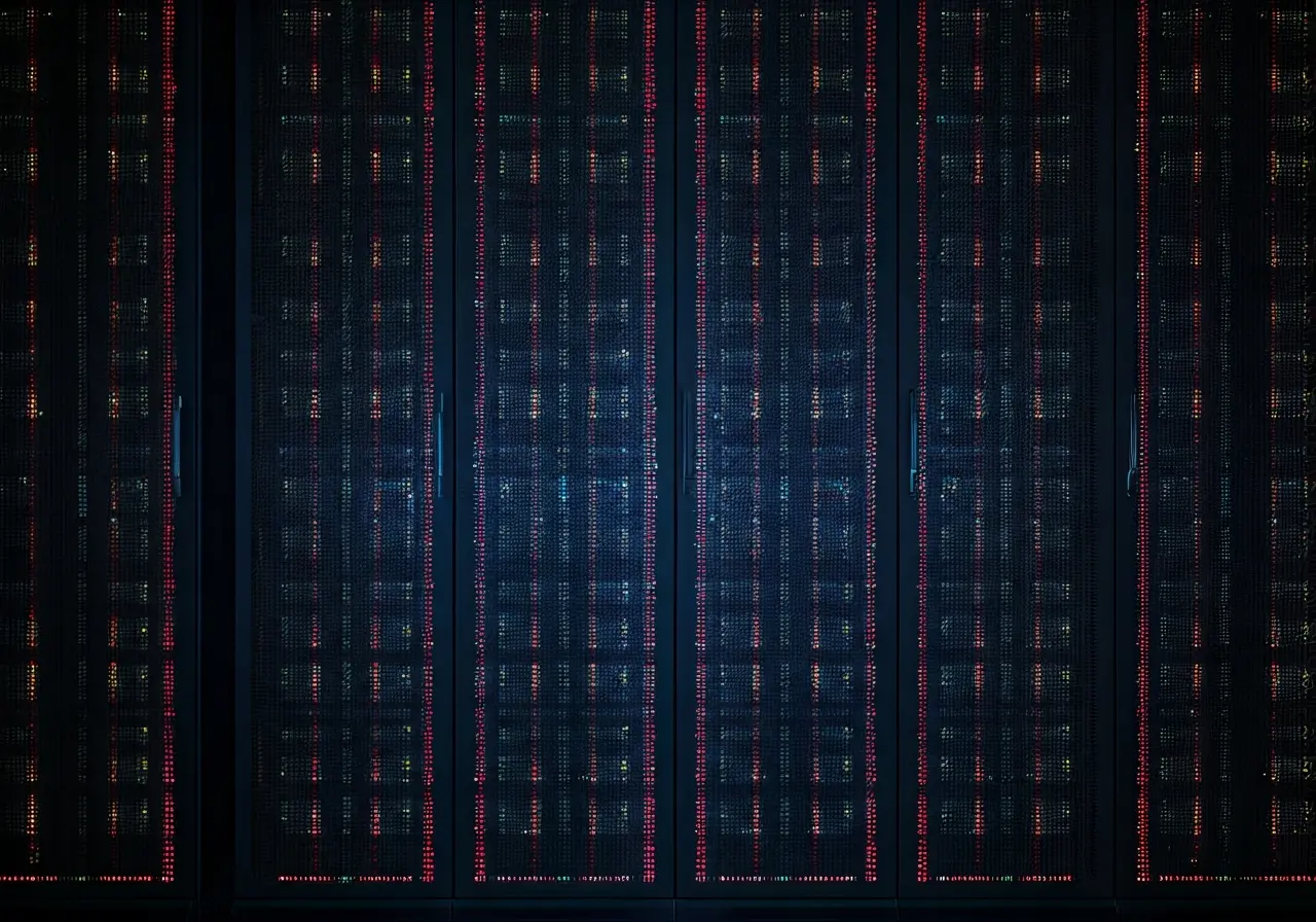 A futuristic computer server room with glowing LED lights. 35mm stock photo