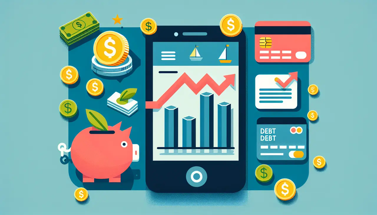 Draw a graphic in flat design style. A flat design illustration of a smartphone displaying a finance app, surrounded by icons representing money, debt, and recovery; with a graph showing upward progress.