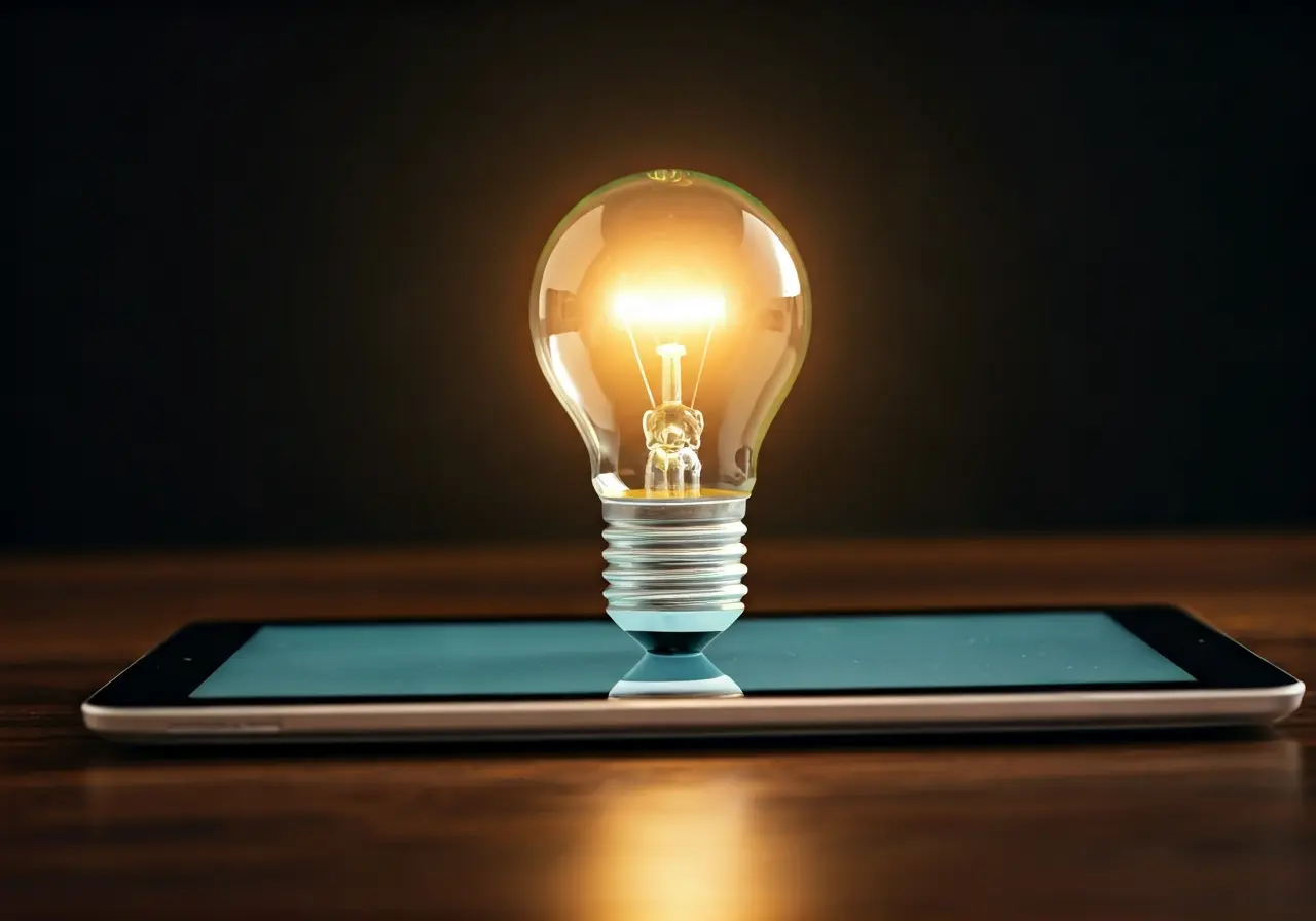 A glowing light bulb on top of a digital tablet. 35mm stock photo