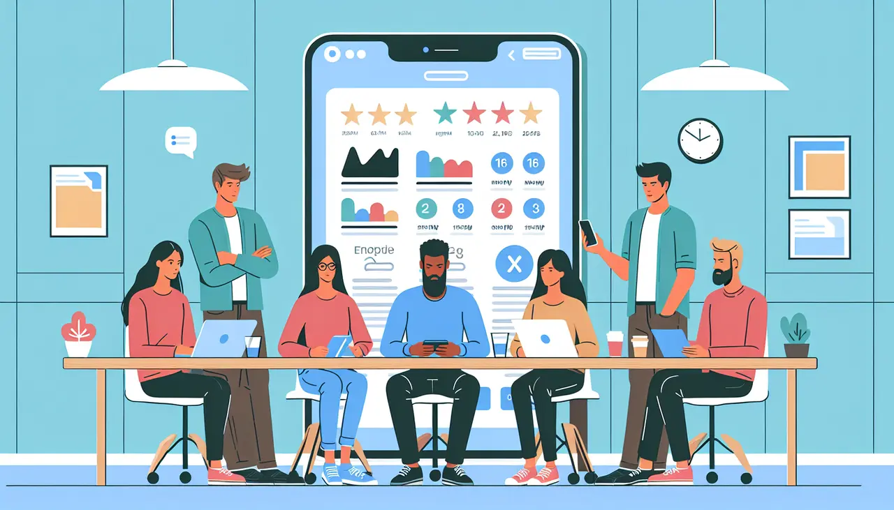 Draw a graphic in flat design style. A group of diverse developers collaborating at a table with a large smartphone screen displaying app analytics and ratings in a minimalist office setting.