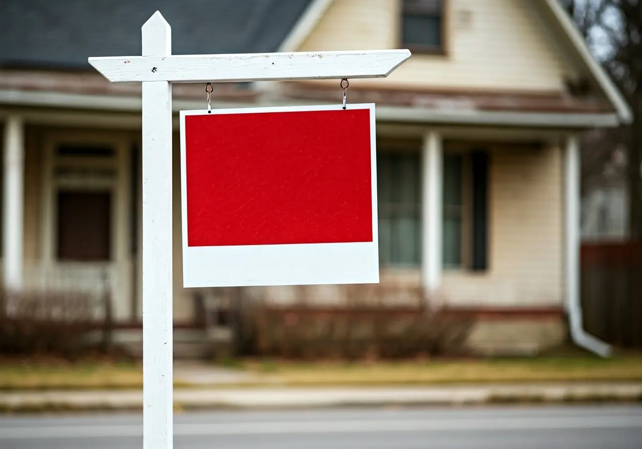 A For Sale sign in front of a run-down house. 35mm stock photo